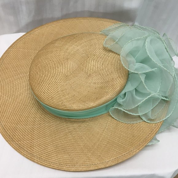 Beige Sonni Straw Hat with Mint Green Ruffles
